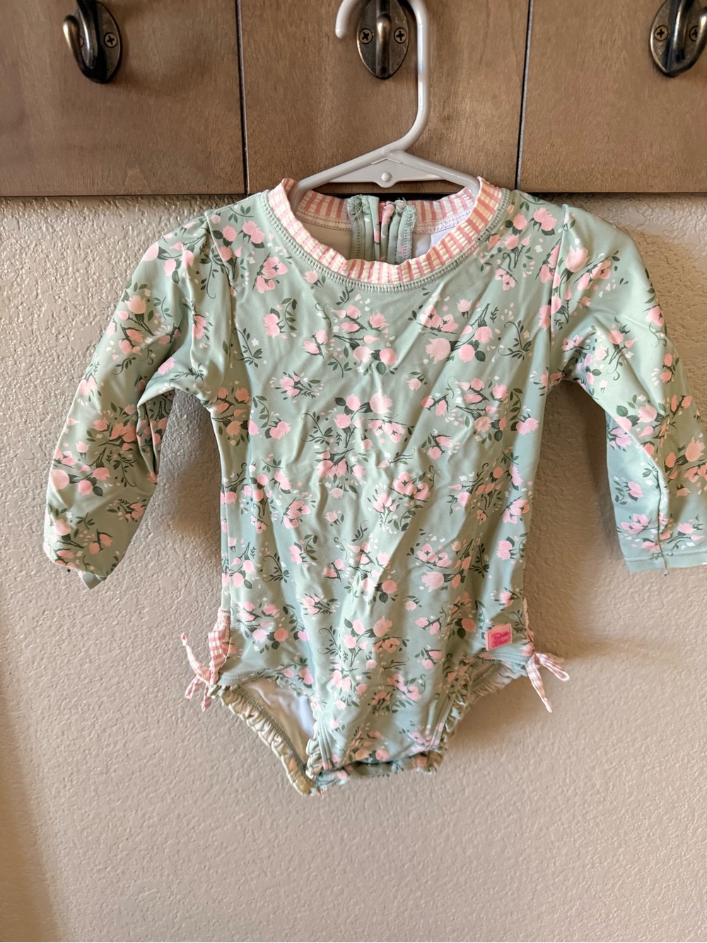 Ruffle Butts Mint Green and Pink Floral Long-Sleeve One-Piece